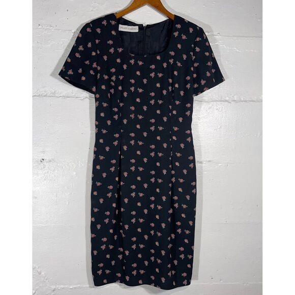 Vintage Maggie London Black Floral Dress Sheath Short Sleeve Lined Size M 90s - Picture 2 of 13